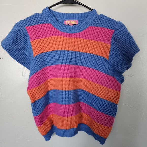 THML Sweaters - THML Women's Small Colorful Striped Knit Sweater Short Sleeve Blue Pink Orange